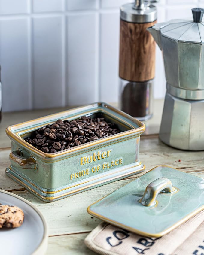 Butter Dish with Lid, Ceramic Butter Holder Container Large Butter Dish for Countertop Farmhouse Decor for Mother's Day, Butter Keeper for East West Coast Butter, Green