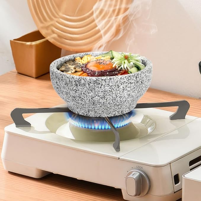 Dolsot Bibimbap Bowl, 27 Oz Korean Stone Bowls Cooking Pot with Wood Tray, Granite Stone Bowl Sizzling Hot Pot for Korean Restaurants, Soup, Rice, Stew