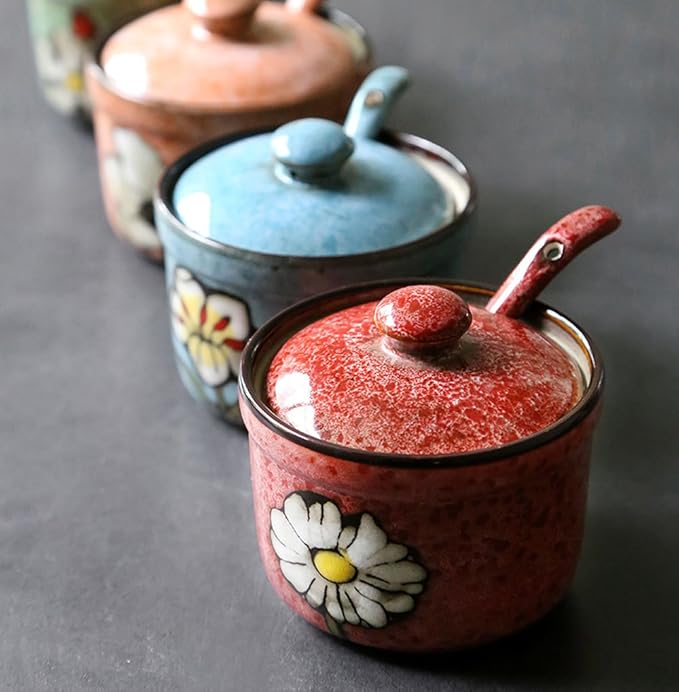 Ceramics Retro Flower Sugar Salt Pepper Storage Jar Seasoning Pot with Lid And S
