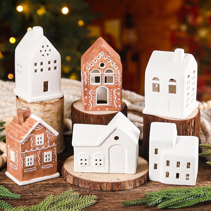 Beeveer Set of 6 Ceramic Christmas Village House Paint Craft Kit Blank Ceramic Plaster Keepsake Pigment Palette Brushes Included for Xmas Holiday Party Art DIY Project Tabletop Decoration