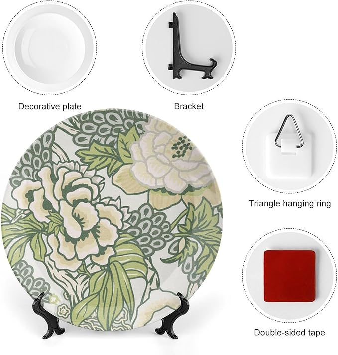 Green And White Chinoiserie Peony Floral Plates Ceramic for Display Blush Euro Peony Kitchen Club Supplies Housewarming Gifts Home Holiday Party Decorations Custom Gifts for Men Women Halloween