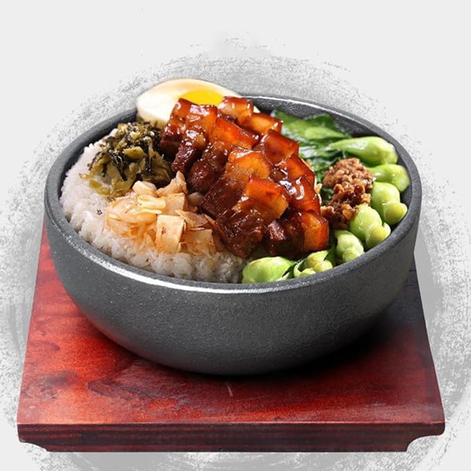 VILLCASE Cast Iron Bibimbap Bowl 15cm Korean Stone Pot with Wooden Base Reusable Food Bowl for Daily Use and Restaurant Serving