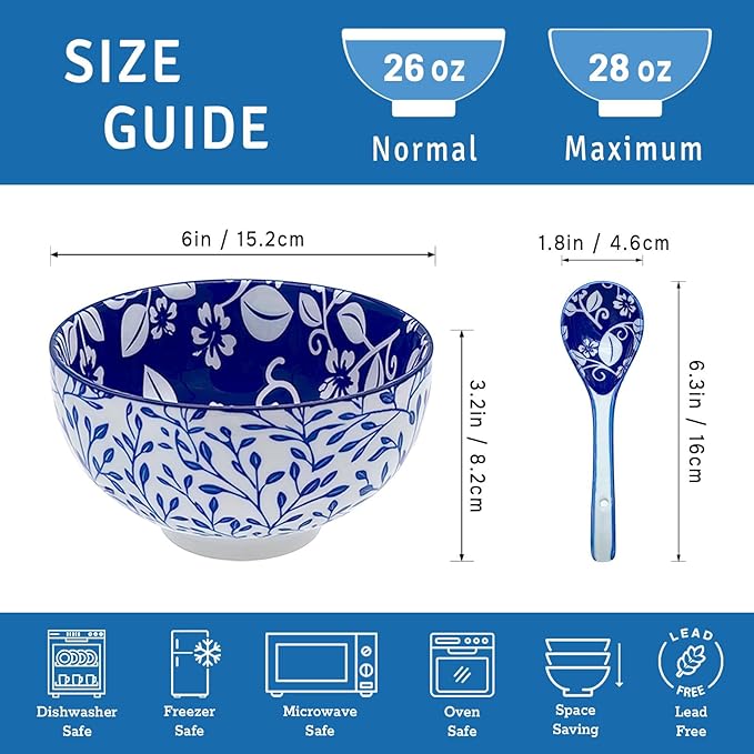 Japanese Ceramic Bowls Set of 6, 28 Oz Large Asian Porcelain Ramen Soup Salad Cereal Noodle Bowl with 6 Spoons, Deep Bowl for Kitchen Decor and Housewarming Gift, Dishwasher & Microwave Safe