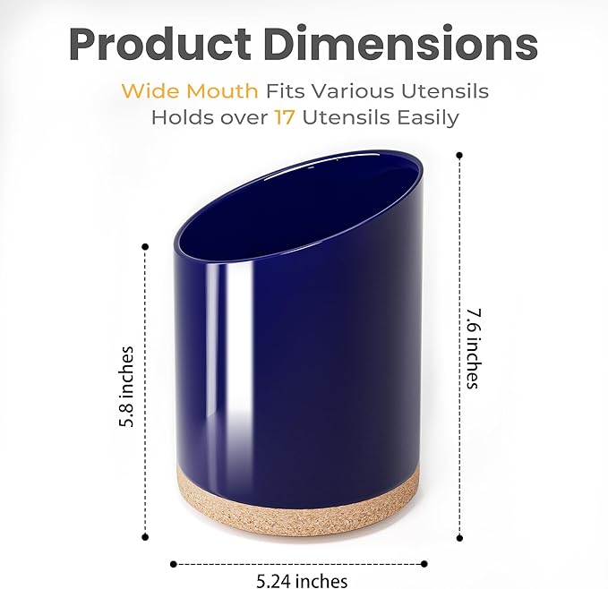 Large Ceramic Utensil Holder for Kitchen Counter, Modern Crock with Slanted Top & Cork Mat, for Spatulas & Cooking Spoons, Blue