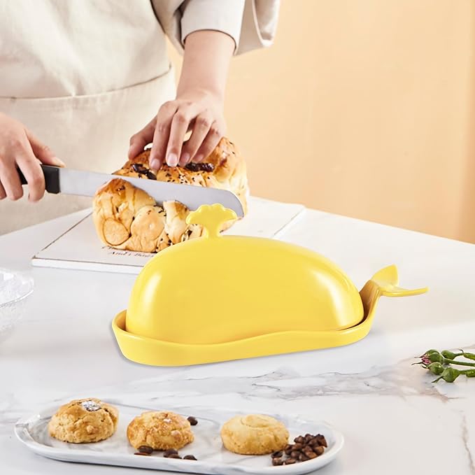 Whale Butter Dish with Lid, Cute Ceramic Butter Dish with Handle for Countertop, Funny Butter Holder Butter Keeper for Kitchen Decor, Ideal Gifts for Housewarming,Wedding, Yellow