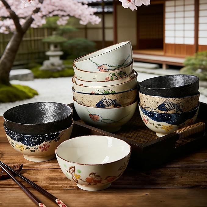 DAYUMKOU 6 Pack Decorative Ceramic Bowls, 4.5 Inch Retro Hand-Painted Chinese Bowls, 10 Oz Japanese Rice Bowls Set with 6 Spoons for Snack Ice Cream Noodles Rice Cereal Salad