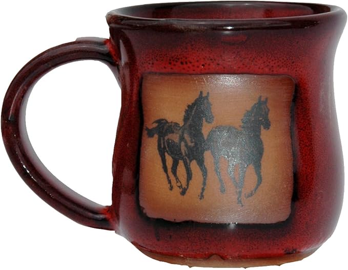 ALWAYS AZUL POTTERY Mug with Double Running Horse Pattern in Real Red - Handmade Ceramic Coffee Mug - Stylish and Unique Handcrafted Artistic Drinkware - Polished Clay Cups, Great for Coffee and More