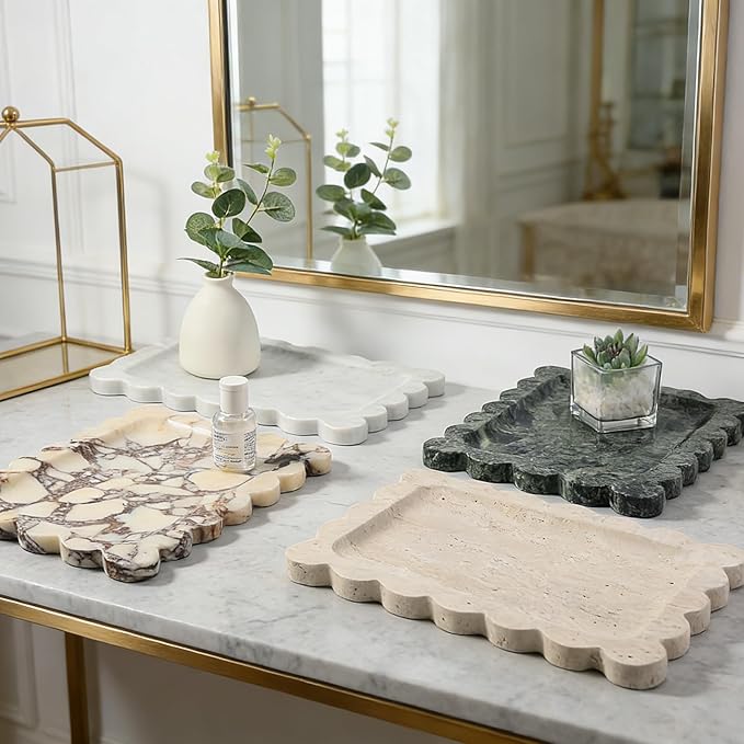 Koville Scalloped Marble Tray, 11"x8" Marble Vanity Tray for Countertop Bathroom Kitchen Dresser, Natural Stone Tray for Jewelry Perfume Home Decor, Decorative Catchall Trays(Green)