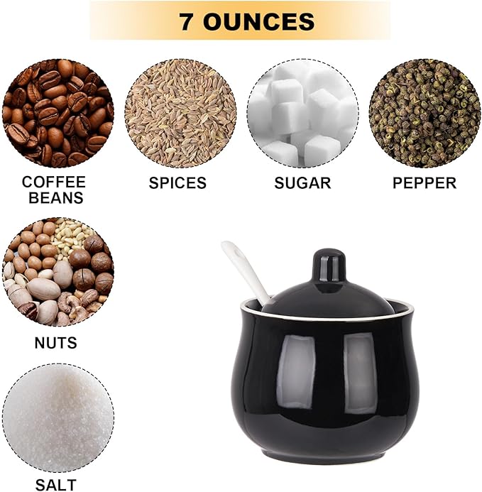 Ceramic Sugar Bowl with Lid and Spoon, Black Porcelain Sugar Salt Pepper Storage Jar, 7 Ounces
