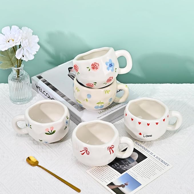 Koythin Ceramic Coffee Mug with Saucer Set, Cute Creative Fresh Fruit Cup Unique Irregular Design for Office and Home, 10 oz/300 ml for Latte Tea Milk