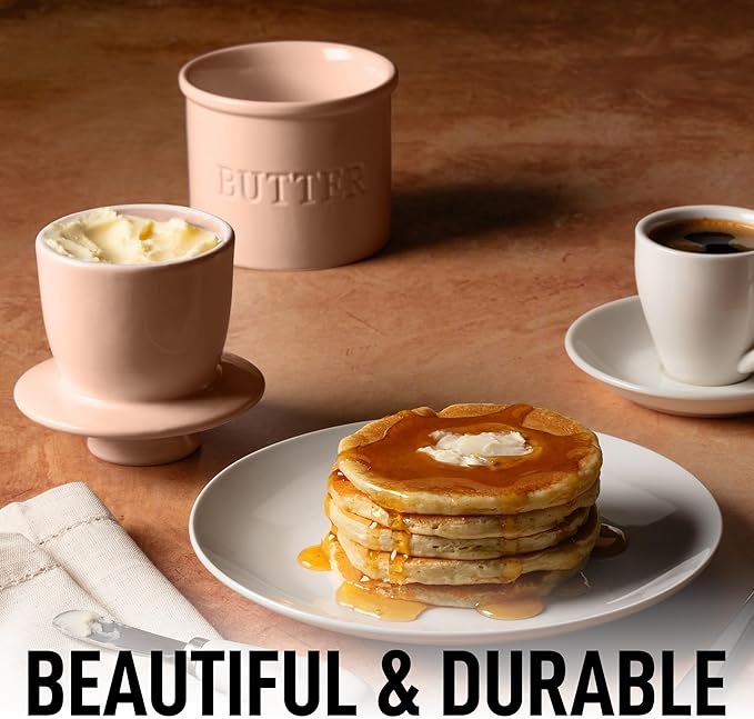 Zulay Kitchen Bell Shaped Butter Crock with Lid for Countertop with Water Line & Spreader Knife, Ceramic French Butter Dish Keeper For Fresh, Soft & Spreadable Butter - Peach
