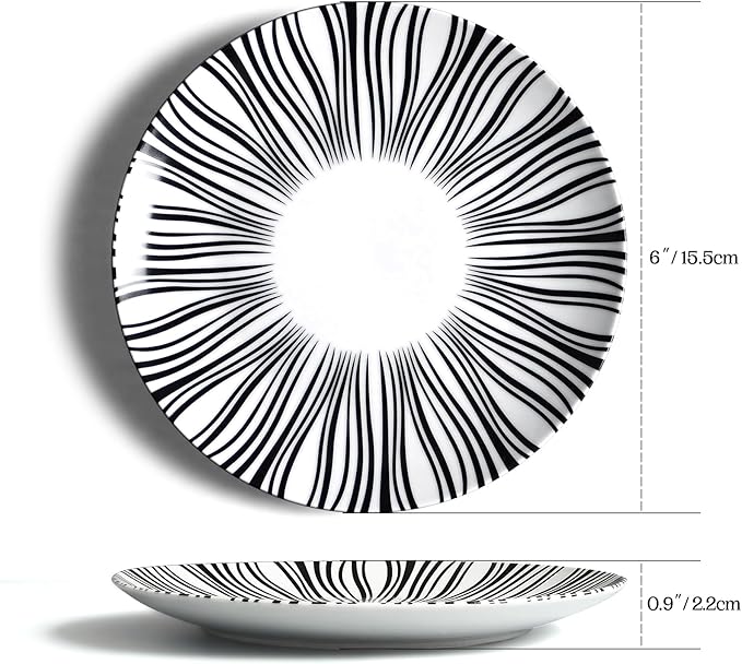 6" Appetizer Plates Set of 6, Black and White Striped Ceramic Dessert Plates, Zebra Pattern Dinner Plates Set for Salad Sandwiches, Minimalist Porcelain Dish Set, Microwave & Dishwasher Safe