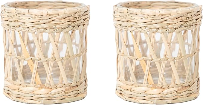 Rustic Cattail Woven Tea Light Holder, Seagrass Glass Candle Holder, Table Candle Holder Decor, Vintage Candlestick Holders, Wicker Tea Light Holder, Farmhouse/Home Decor (Original Color - 2 Pack)