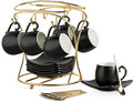 LYEOBOH Espresso Cups with Saucers Set, 3 Ounces Porcelain Coffee Cups with Metal Stand and Spoons, Cappuccino Cups Cute Demitasse Cups for Coffee Drinks, Latte, Tea Set of 6, Black