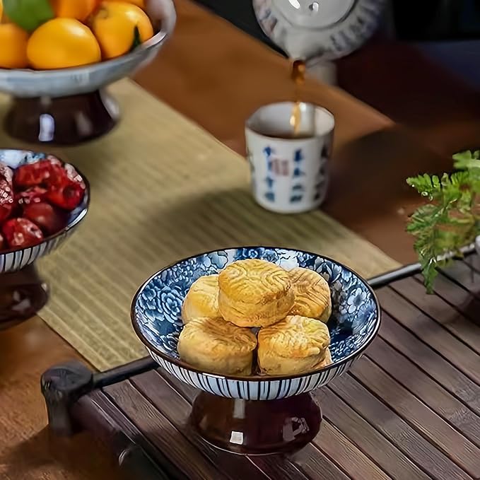 Vintage Blue and White Porcelain Tea Pastry Tray - Footed Fruit Platter, Ceramic Serving Tray, Asian Style Small Plates, Snack Dessert Nut Bowls, Japanese Chinese Phoenix Design