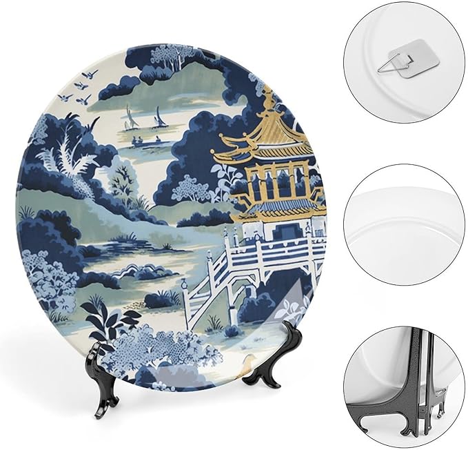 Blue And White Chinoiserie Pagoda Ming Toile Asian China Plates for Display Display Wedding Supplies Art Decoration Festival Holiday Party Decorations Personalized Gifts for Men Women Anniversary