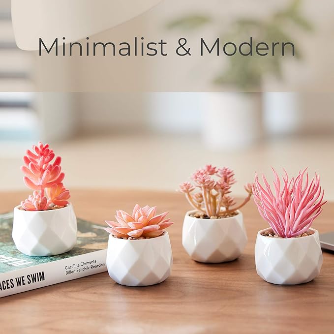 Nordik Set of 4 Desk Plants - Office Decor for Women Desk, Indoor, Living Room, Bedroom, Home and Desk Decor – Pink Faux Succulents in white Geometric Ceramic Planters