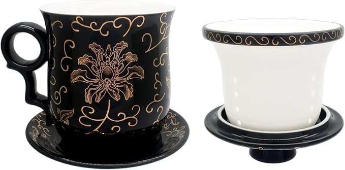 Porcelain Tea Cup with Infuser Lid and Saucer Sets - Chinese Jingdezhen Ceramics Coffee Mug Teacup Loose Leaf Tea Brewing System for Home Office