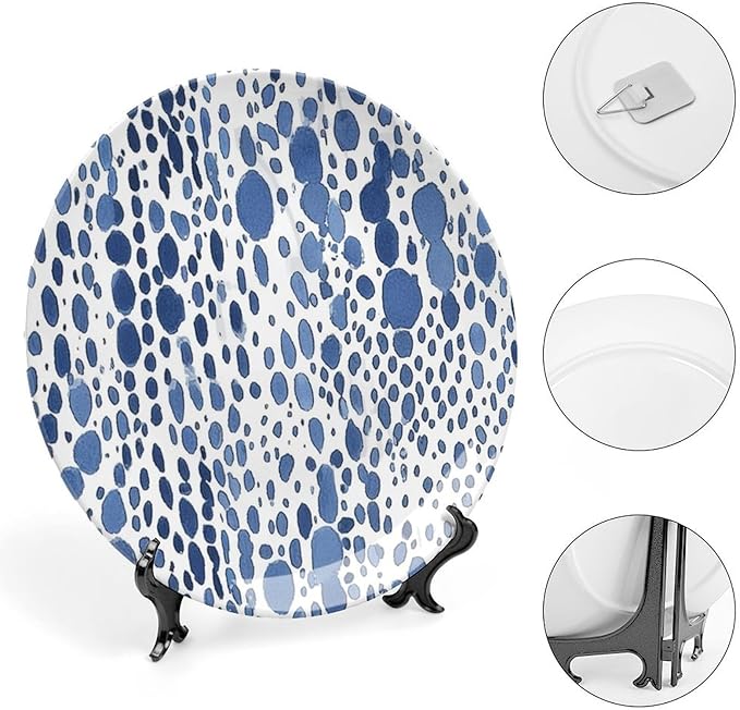 Fashion Plates Blue And White Watercolor Dots Custom Decor for Art Decoration Household Housewarming Gifts Farmhouse Dinner Plates Unique Art with Stand, Multi Sizes by Choosing, Gifts for Men Women