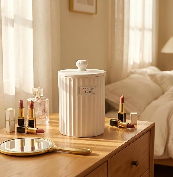 White Ceramic Bathroom Organizer and Storage Jars with Lid, 2 Pack Qtip Holder and Cotton Pad Dispenser, Apothecary Canisters for Vanity, Kitchen Countertop, Home Decor