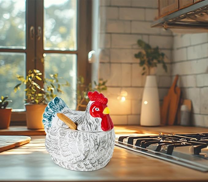 Hen Shaped Salt Container For Countertop Salt Cellar With Bamboo Spoon,Sugar Bowl With Lid,Ceramic Spice Storage Canisters With Lid, Colorful Farmhouse Kitchen Countertop Decor