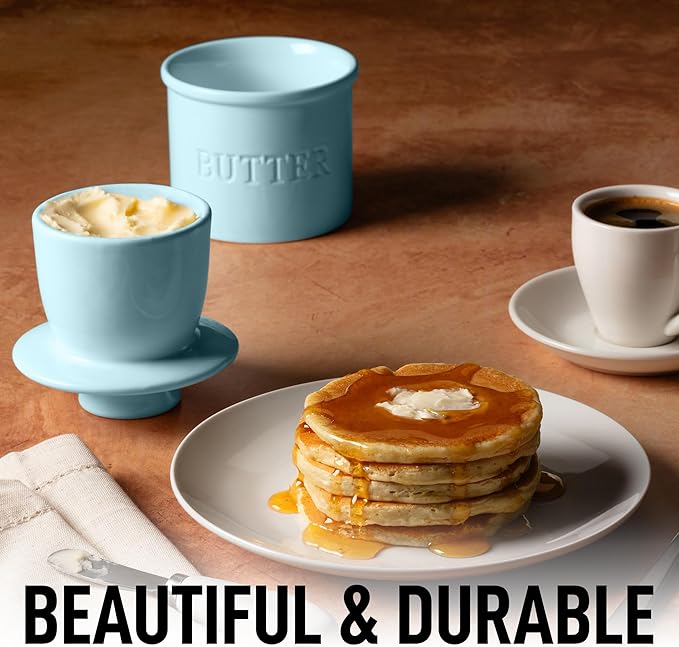 Zulay Kitchen Bell Shaped Butter Crock with Lid for Countertop with Water Line & Spreader Knife, Ceramic French Butter Dish Keeper For Fresh, Soft & Spreadable Butter - Light Blue