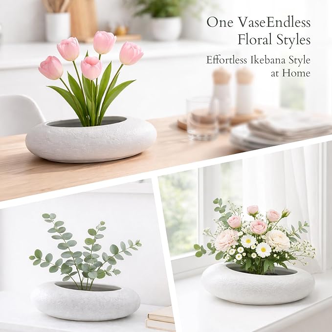Japanese Flower Frog Vase Set – Minimalist White Ceramic Flower Vase with Flower Frog, Modern Flower Arrangement Pot for Living Room Decor & Art Supplies, Gift Box for Flower Lover