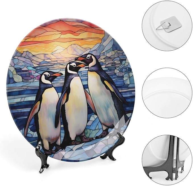 Decorative Plates for Wall Hanging, Penguins Family Snow Winter Stained Glass Painting Ceramic Plate w/ Display Stand, Home Decor for Kitchen Cabinets, Round Tray 10 Inch, Gift for Penguin Lovers