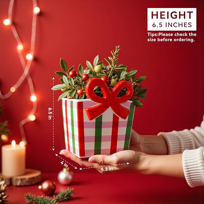 Red Bow Christmas Vase, 6.5 Inch Ceramic Unique Wide Paper Bag Vase, Xmas Cute Holiday Flower Pot for Centerpieces/Home/Living Room/Shelf Table, Modern Decor