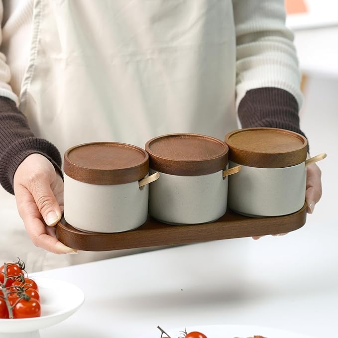 3-Pack Ceramic Spice Jars with Spoons & Acacia Wood Lid - Sugar Container, Salt and Seasoning Containers on Wooden Tray for Kitchen, Dining Table, Coffee Bar