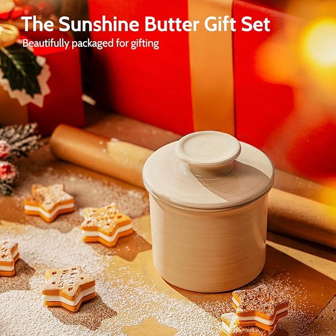Sweese Hand-Painted Butter Crock with Water – French Butter Keeper Crock with Lid for Countertop, Artistic Design, Dishwasher & Microwave Safe, Gift-Ready-Light Grey
