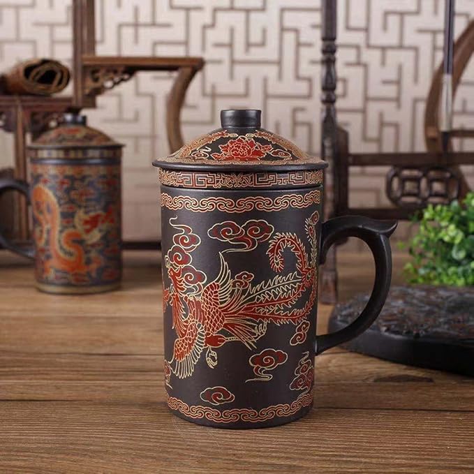 Ceramic Teacup, Chinese Hand Painted Purple Clay Tea Mug with Lid and Infuser, (13oz) Zisha Water Mug Drinkware for Office Home (black phoenix)