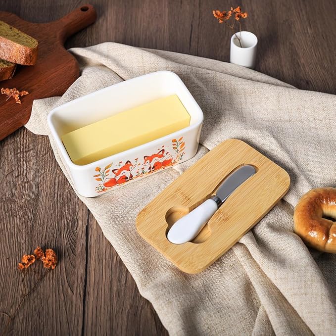 WAIT FLY Fox Ceramic Butter Dish with Bamboo Lid and Knife, 2 Sticks Butter Dish Butter Container Keeper for Kitchen Countertop, Home Decorative-Fox