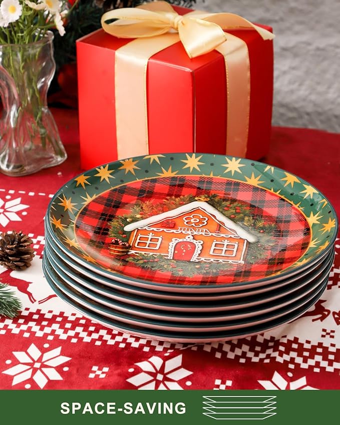 HASENSE Dinner Plates, 10.5 Inches Serving Dishes for Salad, Pasta, Steak, Dessert, Party, Kitchen, Ceramic Holiday Plate Set of 6, Microwave and Dishwasher Safe, Red