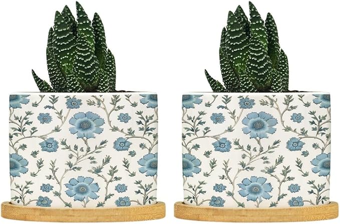 Mughal Flower in Ceramic Planters Blue Floral Planters for Indoor Plants with Drainage Holes and Saucers Pot for Indoor Outdoor Garden