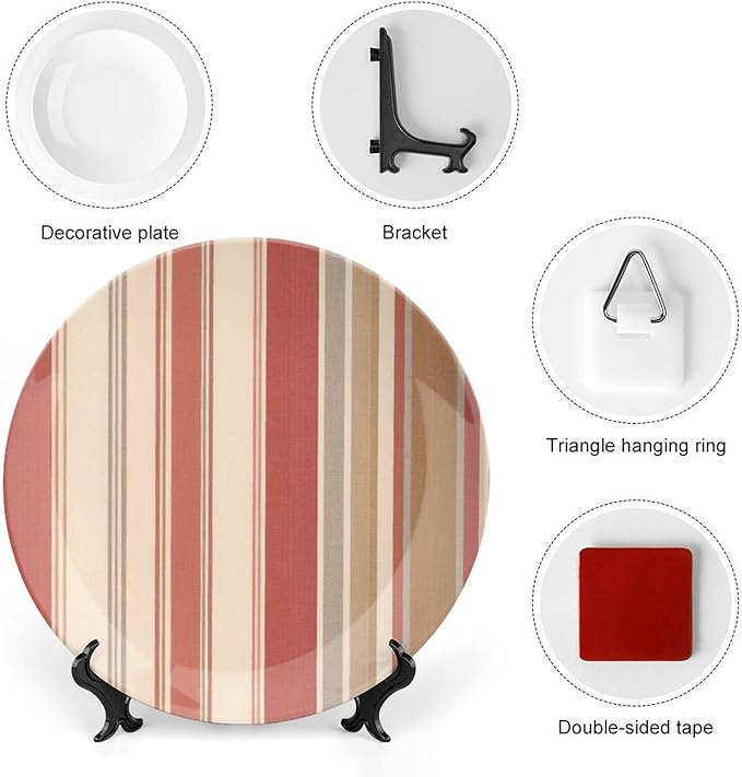 Home Decorations China Plates, Thibaut Coral Orange And White Stripes Customize Christmas Gifts Ceramic Dinner Plates for Table Housewarming Gifts Farmhouse Decor, with Vertical Stand