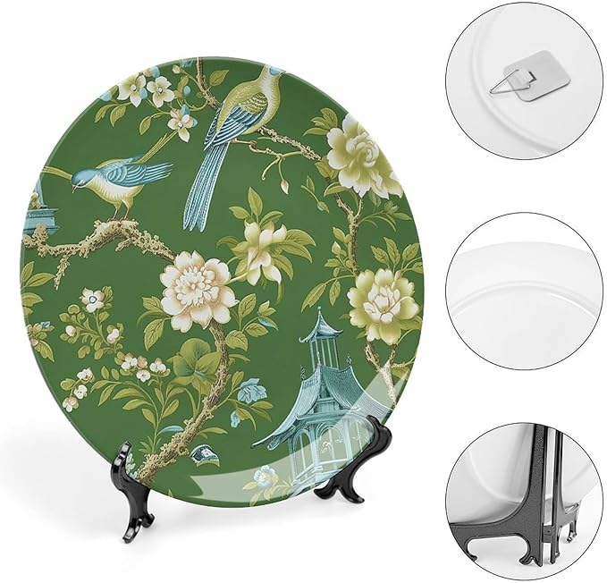 Pagoda Garden Imperial Green Chinoiserie Peacock Vintage Plates, Border in Chinoiserie Style with Herons Peacock Wall Hanging Decorative Plate for Wall Table Decor, Including Bracket Art Decor