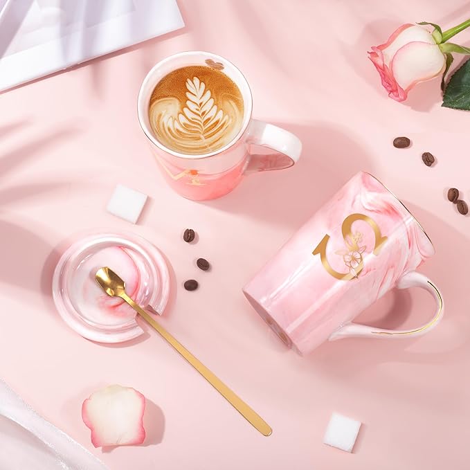 Personalized Marble Ceramic Mug Gifts for Women, 14 Oz Pink Initial Customized Gift Coffee Mug with Lid, Birthday Christmas Mother's Day Gifts for Her Wife Mom Grandma Friend Sister Unique,S