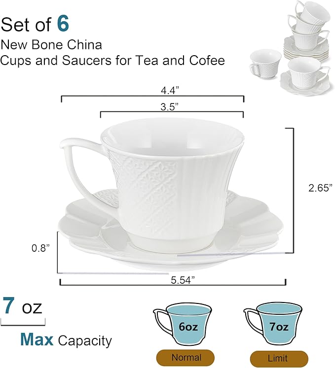 12 Pieces 6 oz Tea Cup and Saucer Set, Cappuccino Latte Americano Coffee Cup with Saucer Set of 6, Espresso Double Shot Cup, New Bone Porcelain Embossment Tea Cups, for Cafe Kitchen, Gift Idea, White