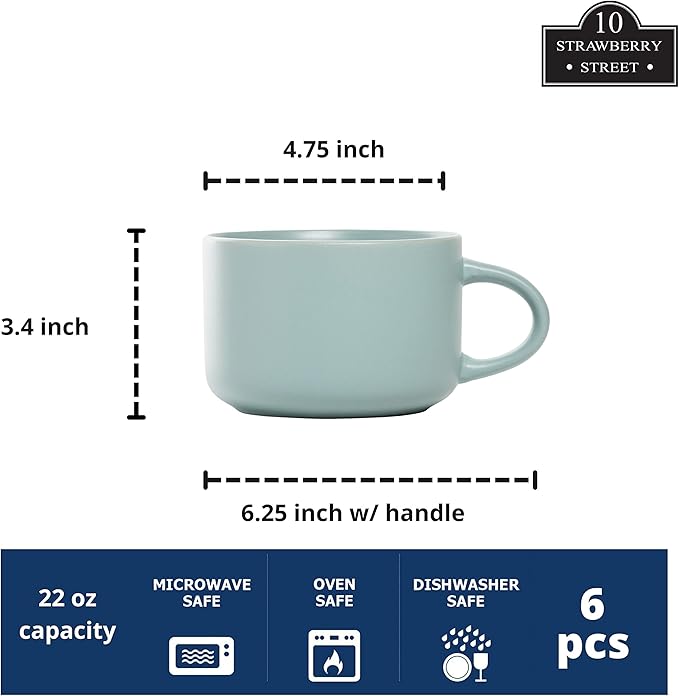 10 Strawberry Street Wazee Matte 4.75"/22 oz Oversized Mug, Set of 6, Mineral Blue