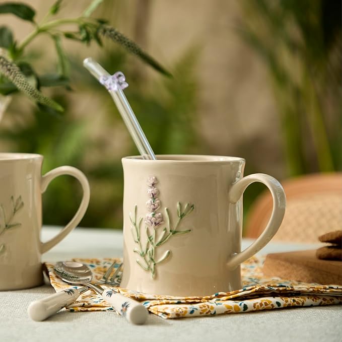Artisanal Handcrafted Ceramic Mug with Sage Botanical Design - 10oz Off-White Stoneware Coffee Cup, Elegant Purple Sage Pattern, Dishwasher Safe, Comfort Grip Handle for Daily Use