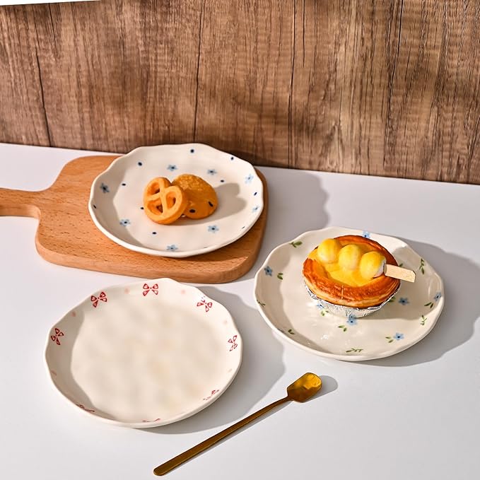 Koythin Ceramic Dessert Plates, Cute Fruits Dinner Plate, Creative Plates Design, Printed Flowers Dinnerware for Office and Home, Kitchen Plates for Desserts (Blue Flowers)