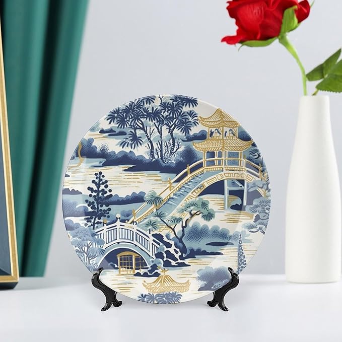 Vintage Plates Blue And White Chinoiserie Pagoda Ming Toile Asian Custom Decor for Display Farmhouse Home Art Decoration Ceramic Salad Plates Including Bracket And Special Hook, Gifts for Men Women
