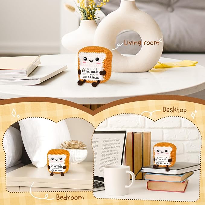 Glydein 16th Birthday Gifts for Girls Boys, Cute Handmade Crochet Toast Decors with 16th Bday Card, Unique Birthday Gifts for Teens 16, Gift for Son Daughter Grandchildren from Mom Dad Aunt Uncle
