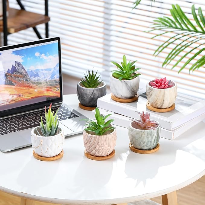 Marbling Ceramic Flower Pot 3.35 Inch Succulent Small Plant Cactus Herbs Planter Ceramic Pot with Drainage Hole Matte Round Container(6 Pcs,Elegance Style)