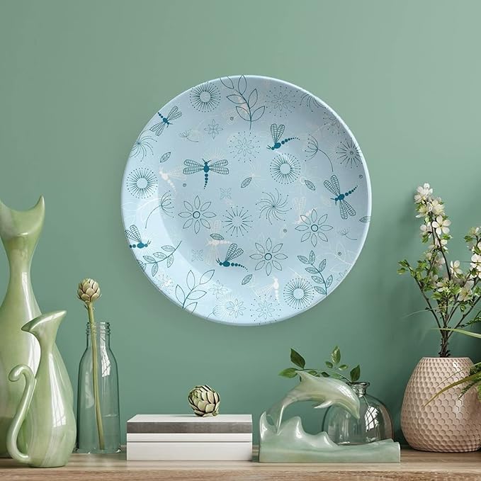 XISUNYA 10 Inch Decorative Plate, Dragonfly Round Porcelain,Bugs Leaves Branches Flowers Dandelions Abstract Art Print Ceramic Wall Hanging for Home Office Party Dinner Table Decor