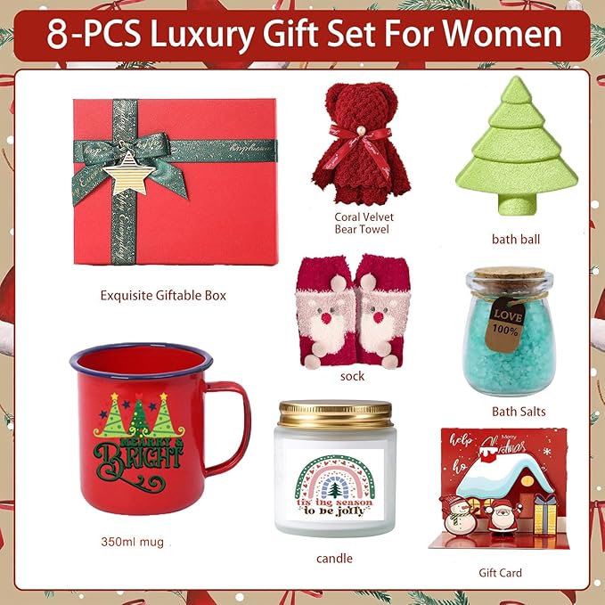 Holiday Ceramics 8-Piece Christmas Gift Set with Enamel Mug, Fuzzy Socks, Scented Candles, Plush Bear, Decorative Tree, Red and White Holiday Relaxation Collection
