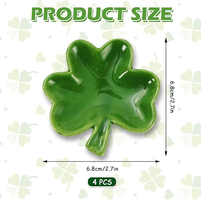 Whaline 4 Pcs 2.7 Inch St. Patrick's Day Mini Ceramic Spoon Rest Gradient Green Shamrock Small Coffee Spoon Holder Clover Ring Dish for Irish Holiday Home Coffee Station Bar Accessories