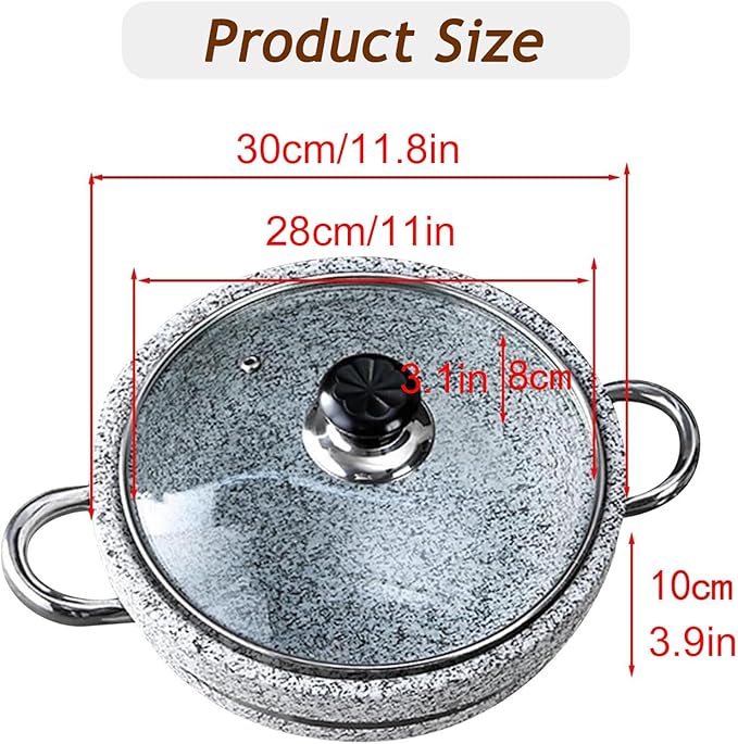 Korean Stone Bowl Induction Base with Glass Lid, Thicken Stone Bowl Hot Pot for Bibimbap Soups, Cookware Granite Stone Bowl with Wood Base, 11.8in with Tray