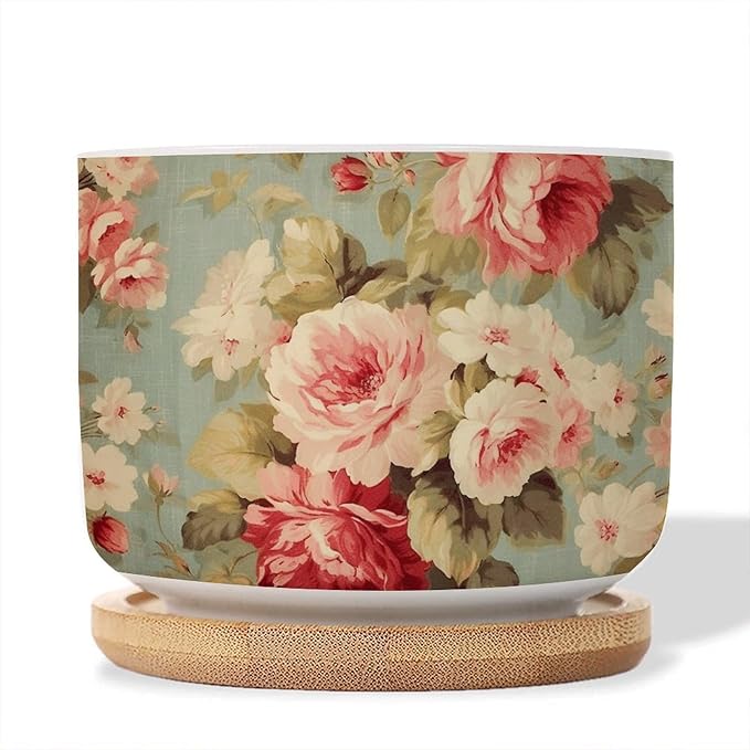 Set of 5 Cottage Chic Antique Pink Flower Small Succulents Pots Pink Cabbage Roses Romantic Ceramics Plant Pot with Drainage Bamboo Trays Oriental Chinoiserie Ceramics Round Planter